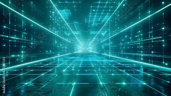 Fototapeta Glowing Neon Grid Backdrop for Futuristic Tech Product Concept Display