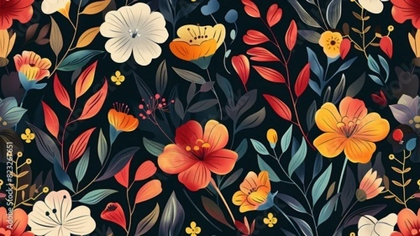 Fototapeta Delicate floral pattern with varied blossoms on navy