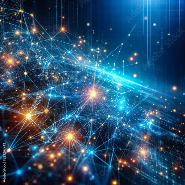 Fototapeta Abstract blue technology background with a cyber network grid and connected particles blue light and orange light. Artificial neurons, global data connections robot - Generative AI