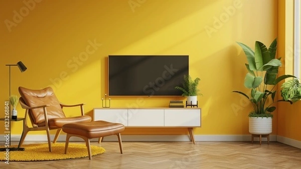 Fototapeta TV cabinet in a contemporary living room with a yellow wall backdrop, a leather armchair, and a plant.