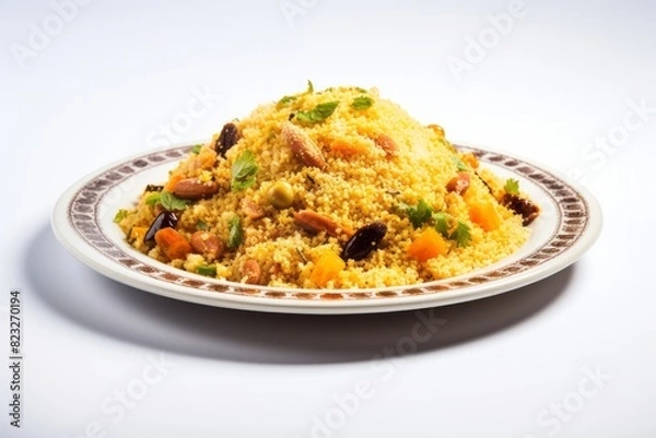 Fototapeta Delicious couscous on a porcelain platter against a white background