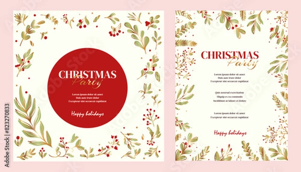 Obraz Christmas party invitation poster background in trendy flat style. Merry and Bright Corporate Holiday cards. Universal abstract creative artistic templates