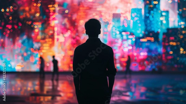Obraz Silhouette of a creative professional, artsy neon lights of downtown, vibrant city, merging business and creativity, perfect for ads