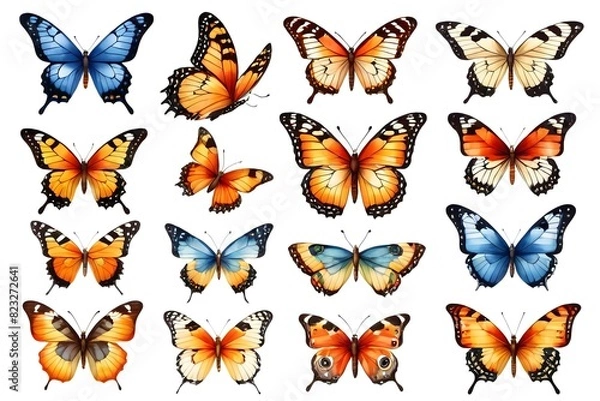 Fototapeta Set of butterflies, isolated illustration on a white background