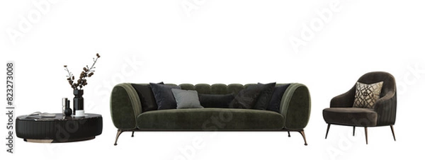Obraz Modern living room cozy minimal with a sofa, armchair, table, and plants Interior furniture set 3D render. Living room house floor template mockup design , isolated on transparent background