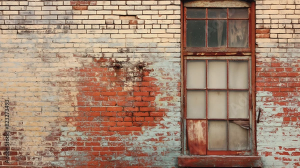Fototapeta Old windows with an exterior brick wall on old building style. Background, space for text