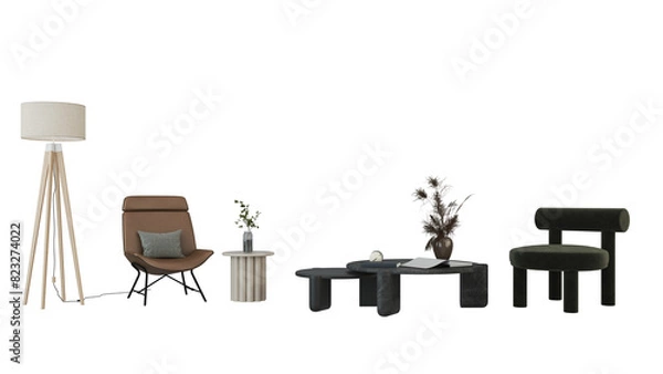 Obraz Modern living room cozy minimal with a sofa, armchair, table, and plants Interior furniture set 3D render. Living room house floor template mockup design , isolated on transparent background