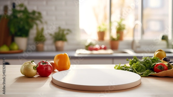 Fototapeta Kitchen table with a white round empty cutting board and vegetables, blurred kitchen in the background. Round podium for displaying products and goods.