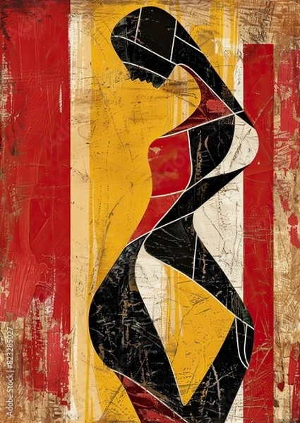 Fototapeta Graphic Abstract Art: Red-Beige Woman Shapes, Modern Design, Gloss Finish, Canvas Texture Background