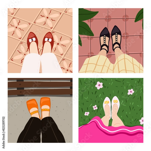 Obraz Travel blogger legs selfie. Feet in different places like home, beach, street, coworking, cafe, bathroom. Top view. Vector illustration EPS10