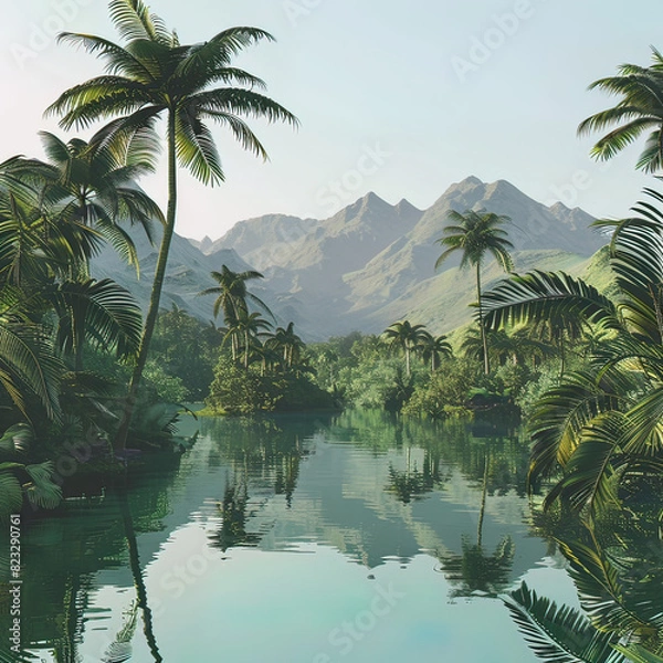 Fototapeta Majestic Tropical Oasis: Towering Palms and Serene Waters