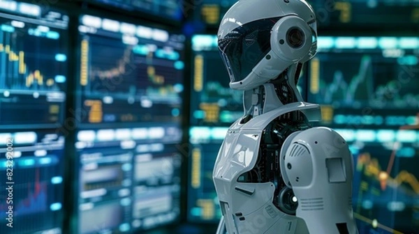 Fototapeta An automated robot roams the futuristic stock market floor scanning the holographic projections for the latest financial trends.