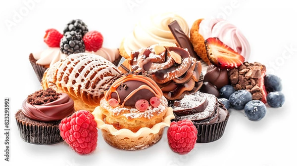 Obraz An assortment of various desserts on an isolated background, including eclairs, cupcakes, and pastries, decorated with fresh berries, chocolate, and cream. A variety of sweets on a white background.