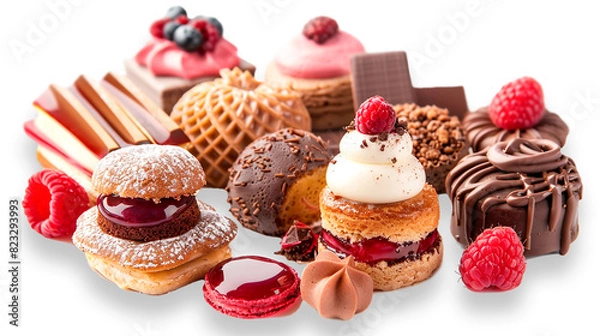 Obraz An assortment of exquisite desserts, including éclairs, macarons, tartlets, and chocolate candies, decorated with fresh berries and cream, on a isolated background. PNG