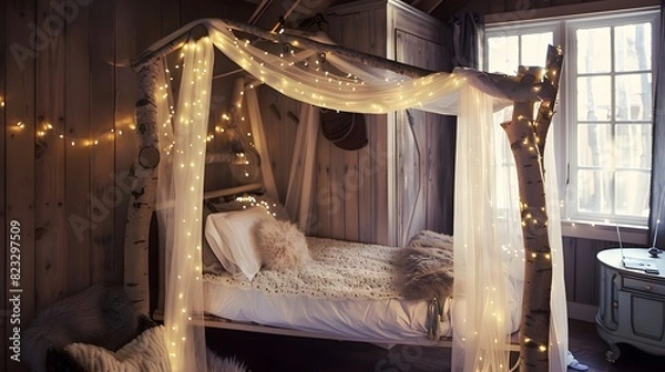 Fototapeta Cozy, rustic bedroom adorned with fairy lights, featuring a wooden canopy bed with sheer curtains in a warmly lit, cabin-like setting.