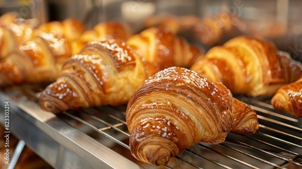 Fototapeta fresh baked croissants, freshly baked croissants on a cooling rack make a delightful bakery display, tempting anyone with their warm aroma and inviting appearance