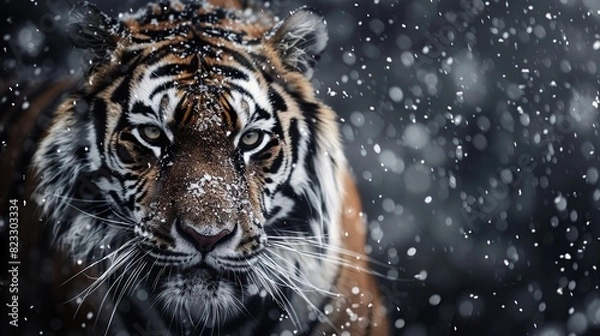 Fototapeta Tiger, cold winter in taiga, Russia. Snow flakes with wild Amur cat. Generative Ai