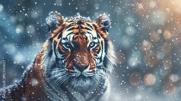 Fototapeta Tiger, cold winter in taiga, Russia. Snow flakes with wild Amur cat. Generative Ai