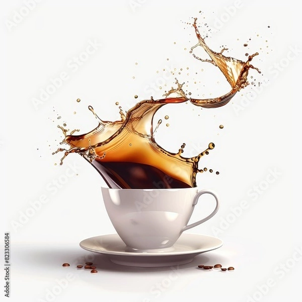 Fototapeta A cup of coffee is pouring out, white background, vector graphics.