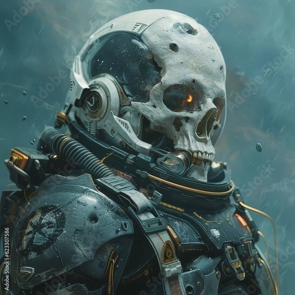 Fototapeta Futuristic sci-fi illustration of a skull-faced astronaut in a high-tech spacesuit, evoking a sense of mystery and exploration.