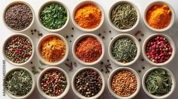 Obraz Various colorful spices at the Spice ,Colorful herbs and spices for cooking, Hot spices and chili peppers in wooden bowls flying over black background and fire