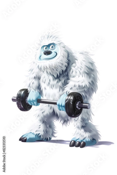 Fototapeta A cartoon yeti or bigfoot hairy character doing fitness with barbell, isolated on white background
