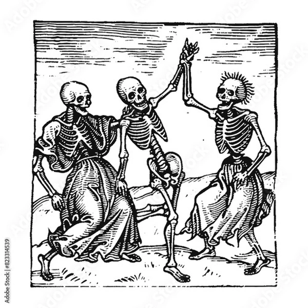 Fototapeta Woodcut illustration of a dance macabre. Vintage grunge vector design element for artworks, poster, cards, web and collages.