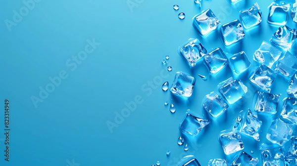 Fototapeta Top view of ice cubes on blue background