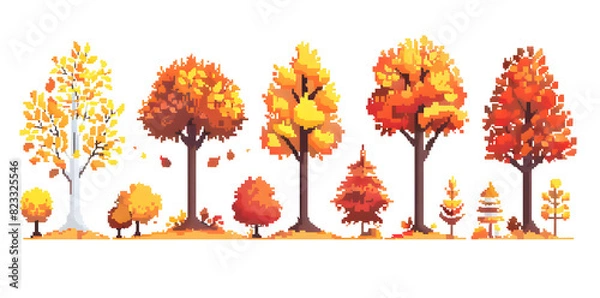 Fototapeta Pixel autumn yellow trees and bushes collection for arcade game assets isolated on white background