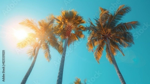 Fototapeta tropical paradise, relax and escape with the perfect tropical vacation vibe, palm trees swaying in the breeze under a clear blue sky