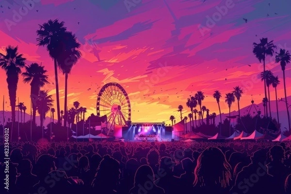 Fototapeta A vector cartoon of the Coachella music festival with a crowd in front and a stage behind