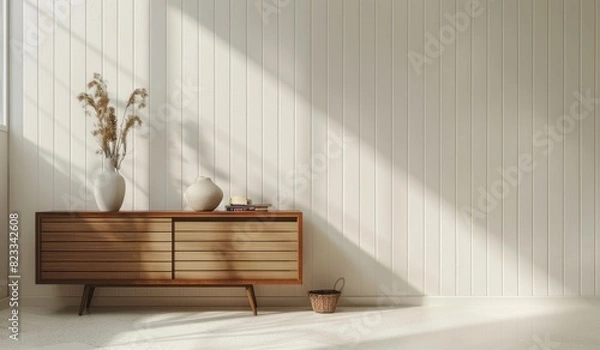 Fototapeta A light gray striped wallpaper wall with a wooden sideboard on the floor, creating an elegant and minimalist interior design background