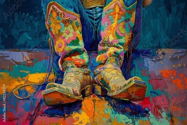 Fototapeta Vividly painted cowboy boots in a colorful abstract setting, capturing western culture and artistic expression.
