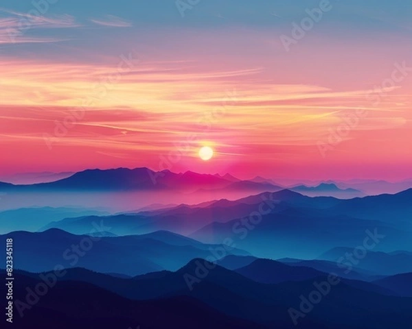 Obraz Breathtaking sunset over misty mountains, with vibrant colors painting the sky, creating a serene and tranquil landscape.