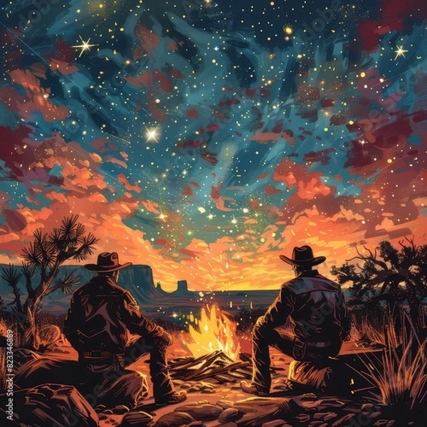 Fototapeta Two cowboys sit by a campfire under a starry twilight sky, capturing the serene beauty of the western landscape.