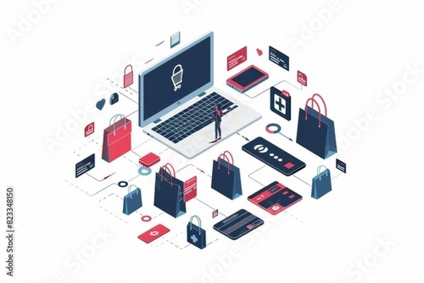 Fototapeta Comprehensive cybersecurity solutions with encrypted data protection, featuring a secure digital network and modern tech interface in blue red colors for safe online and computer security