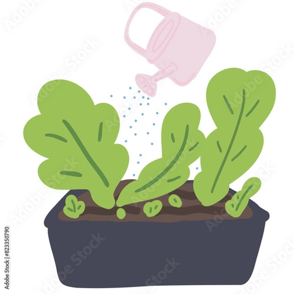 Obraz Green plant grow your own watering can flat design set