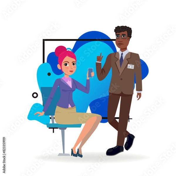 Fototapeta Businesswoman talking on smartphone, African American colleague with finger up nearby. Flat vector illustration. Colleagues in formal wear working in office. Business project,, teamwork concept