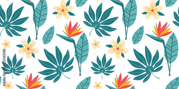 Fototapeta Seamless pattern with tropical leaves and flowers in simple design. Summer pattern with exotic plants for fabric and wallpaper. Flat vector illustration.
