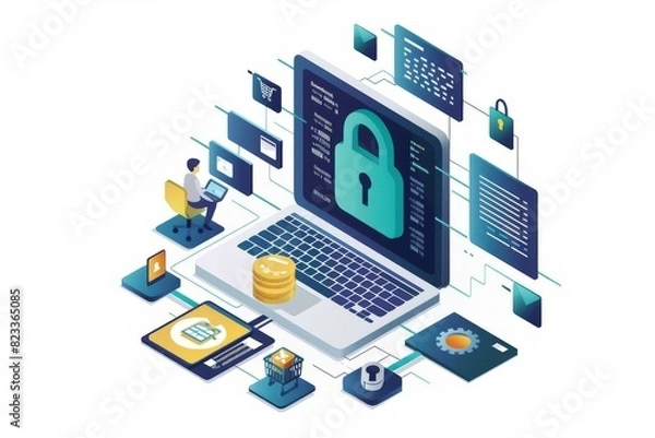 Fototapeta High tech illustration of a secure digital shopping network with various devices and security elements