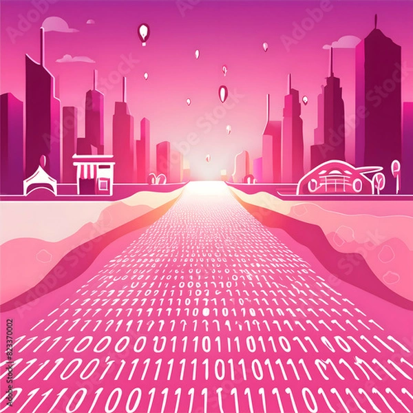 Obraz High-tech digital terrain with a river of binary code guiding towards a bustling virtual shopping plaza."