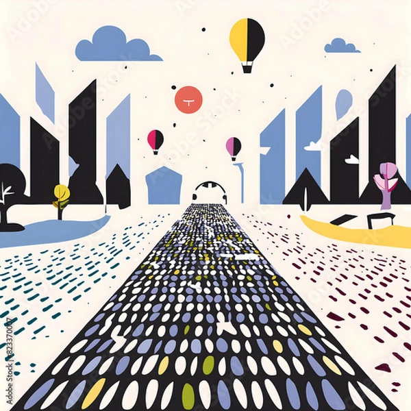 Fototapeta High-tech digital terrain with a river of binary code guiding towards a bustling virtual shopping plaza."