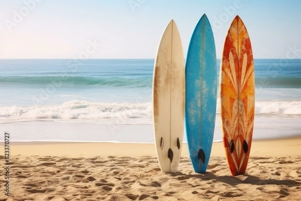 Fototapeta Three surfboards stand on sandy beach against ocean waves backdrop