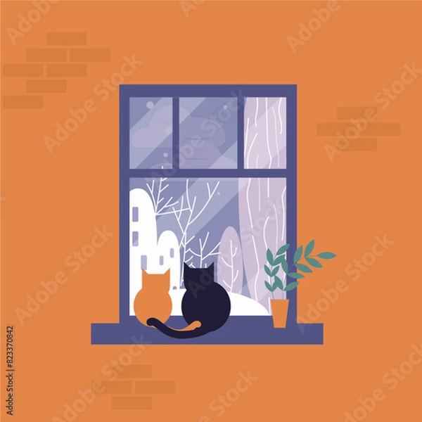Fototapeta Illustration of two cats sitting on a windowsill looking outside at a snowy winter scene