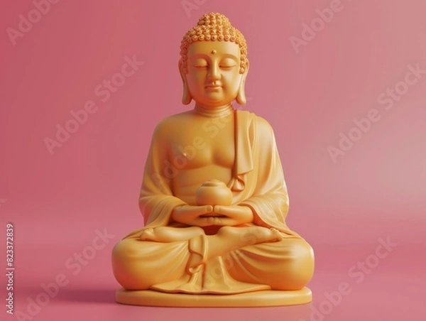 Fototapeta Buddha statue sitting in lotus position on pink background symbolizing peace and tranquility in art and spirituality