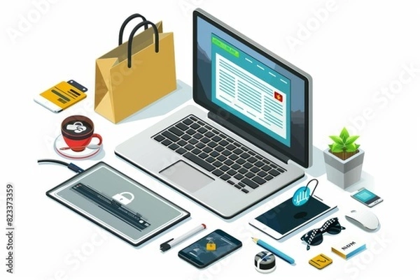 Fototapeta Group of people walking with shopping bags, digital shopping, and retail therapy concept, colorful vector illustration with diverse individuals