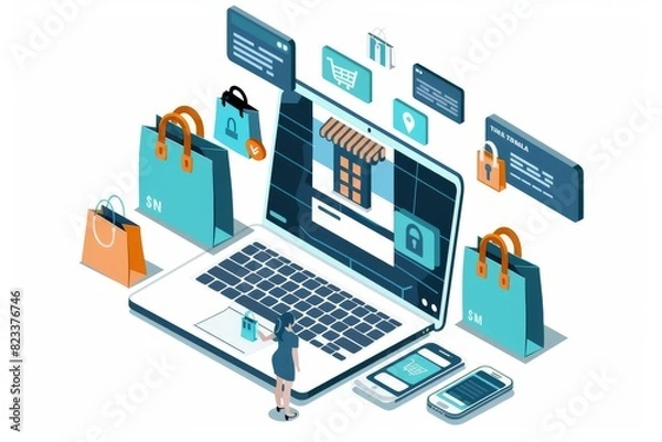 Fototapeta Online shopping with bags and digital elements on a laptop, illustrating the blend of e commerce and cybersecurity