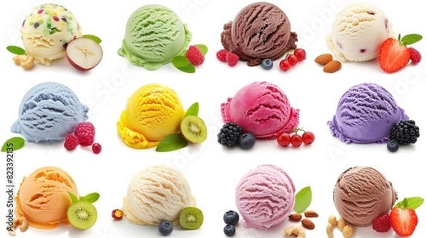 Fototapeta ice cream balls in waffle cones with ice cream ingredients - fruits, berries and sweets. Isolated on a white background,Ice cream in waffle cones with berries and mint.