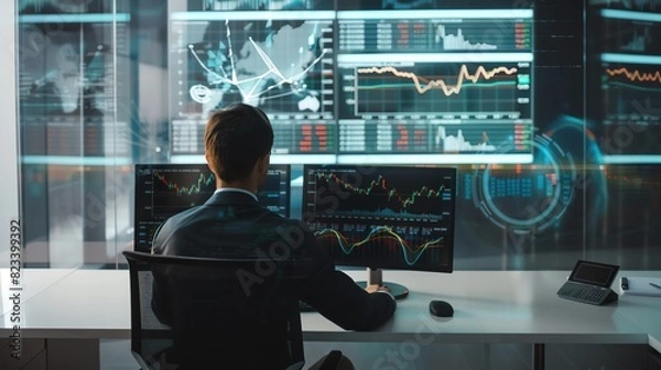 Obraz Business professional analyzing multiple financial charts on computer screens in a modern office setting, focusing on data analytics.