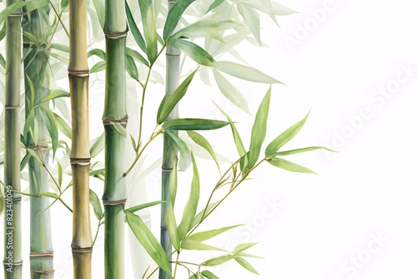 Fototapeta Green bamboo stalks with lush leaves against a white background creating a serene and natural composition